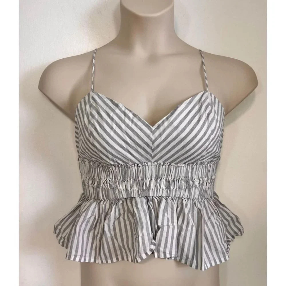 Express Women large Crop Top Striped GrayWhite Triangle Smocked Spaghetti Strap